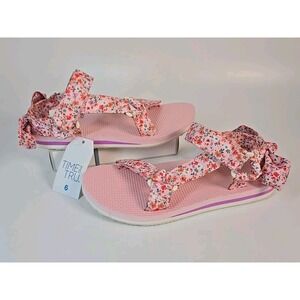 Pink Floral Sandals Size 6 Wedge Bow Detail Adjustable Straps Cushion Sole NWT